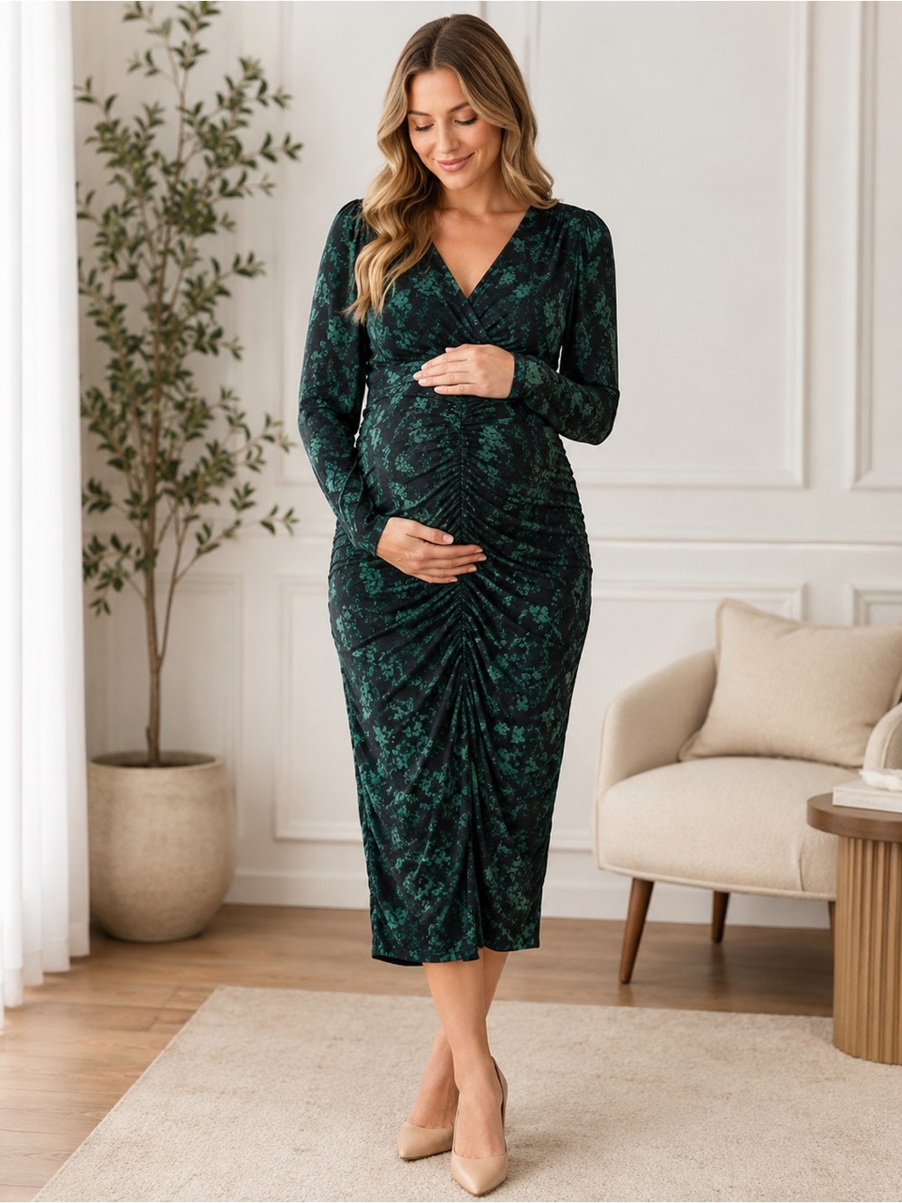 Green Floral Ruched Maternity Midi Dress